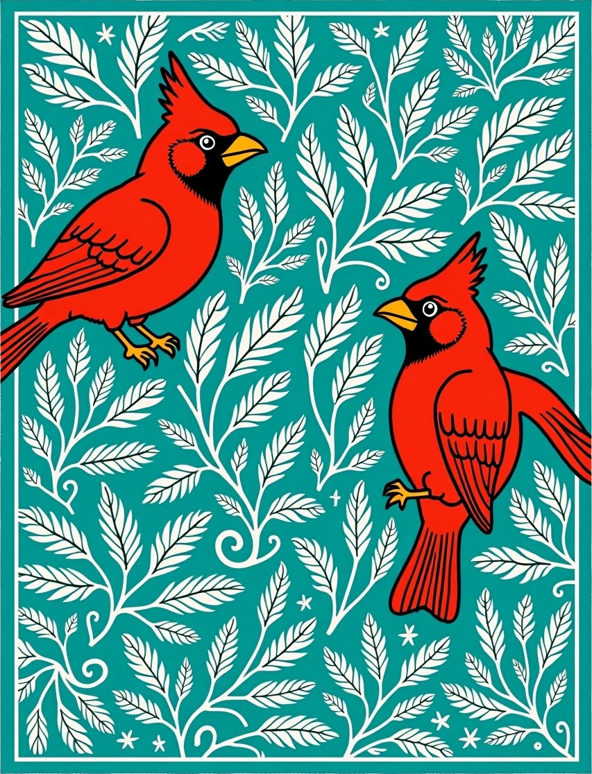 Red Cardinal Teal Floral Art Rug