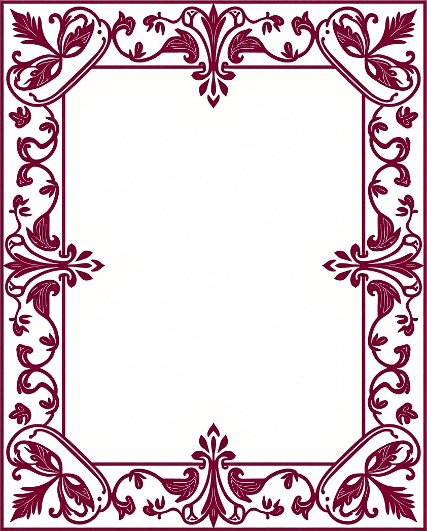 Deep Burgundy Floral Scroll Border Rug
