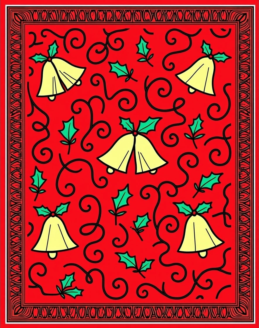 Festive Red Golden Bells Holly Swirls Rug