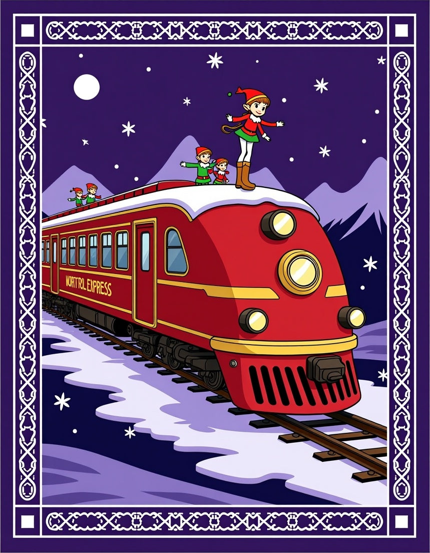 Winter Night Train Christmas Elves Rug