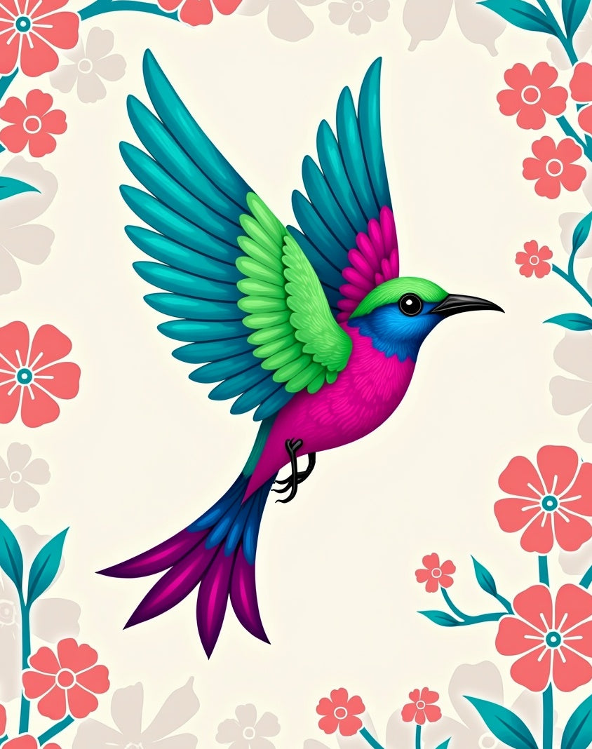 Vibrant Hummingbird Floral Border Rug
