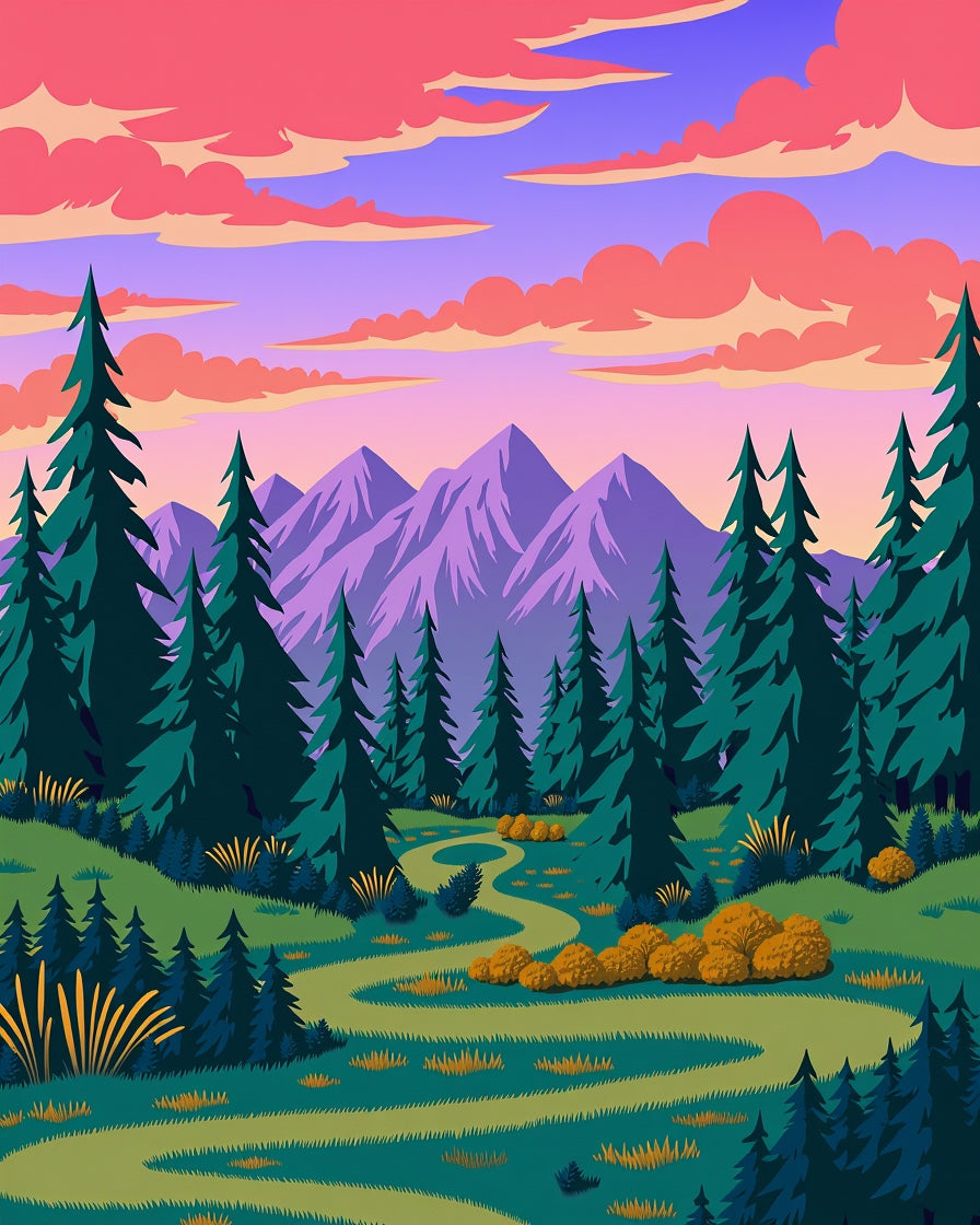 Vibrant Forest Mountains Sunset Landscape Rug