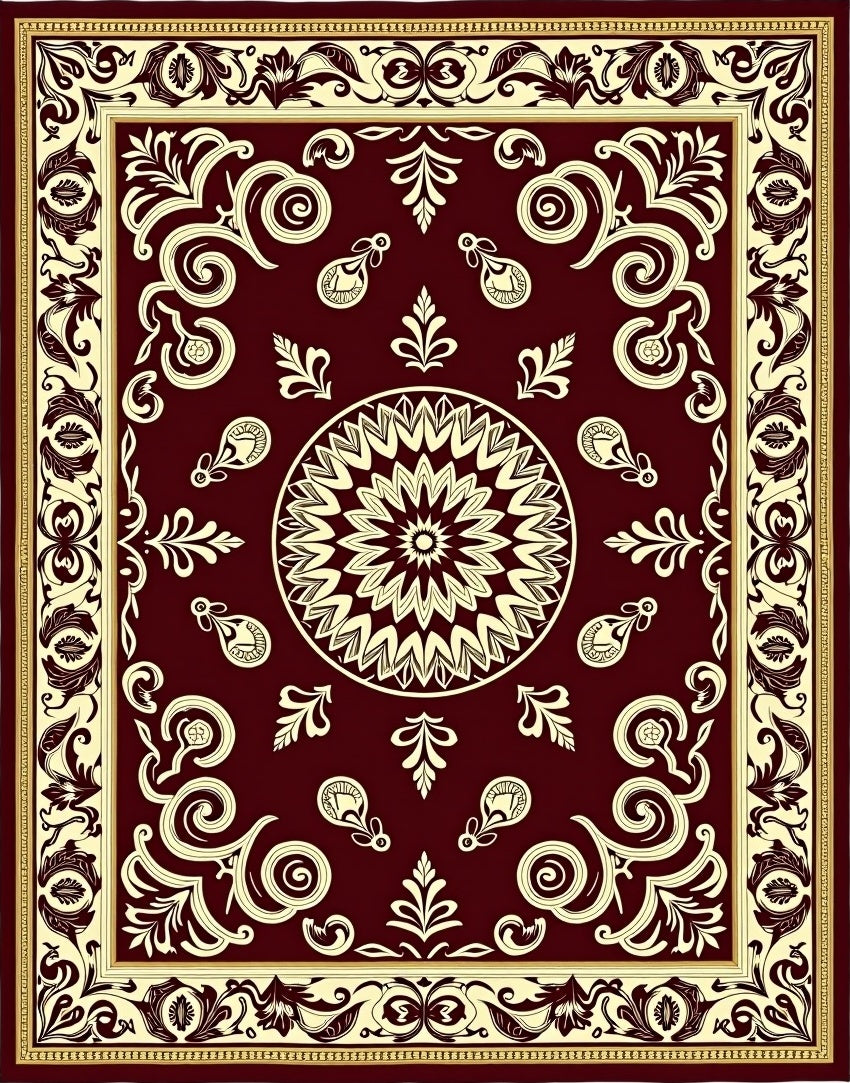 Crimson Floral Scroll Medallion Rug
