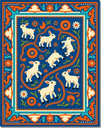 Playful White Lambs Blue Floral Border Rug