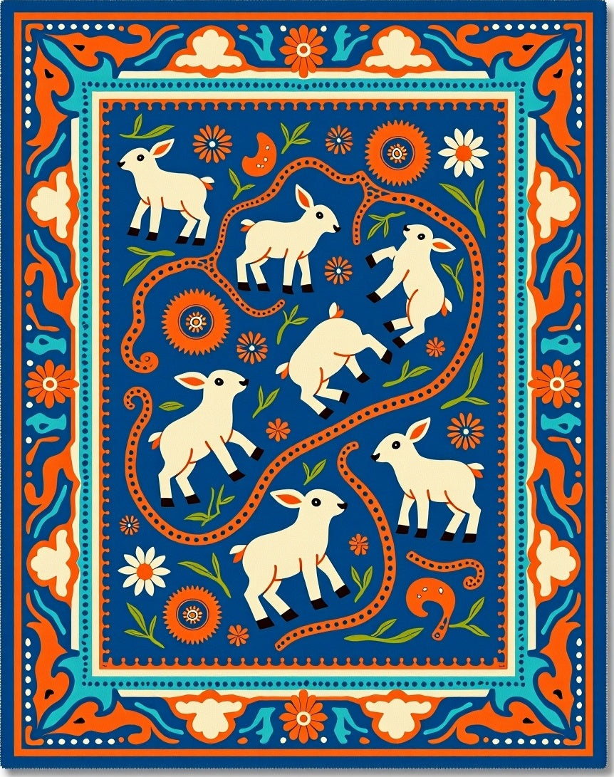 Playful White Lambs Blue Floral Border Rug