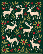 Forest Deer Red Flower Foliage Scene Rug