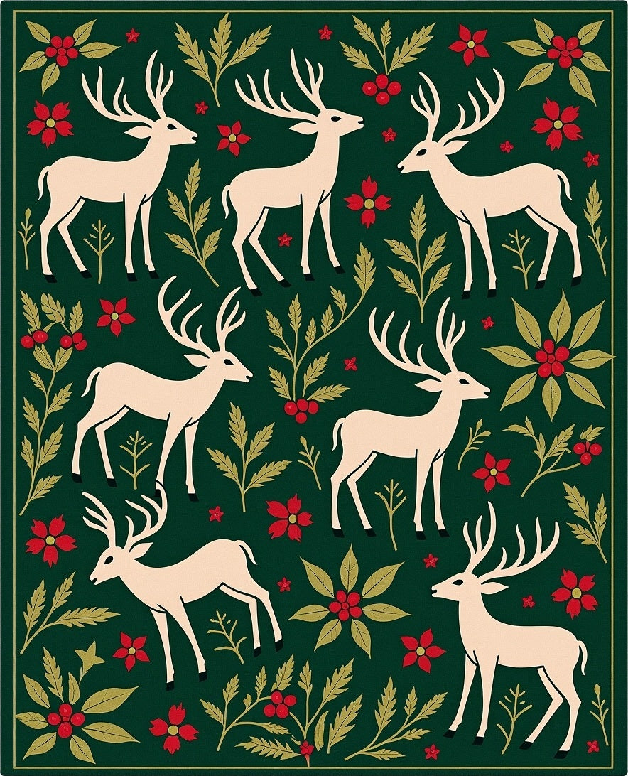 Forest Deer Red Flower Foliage Scene Rug