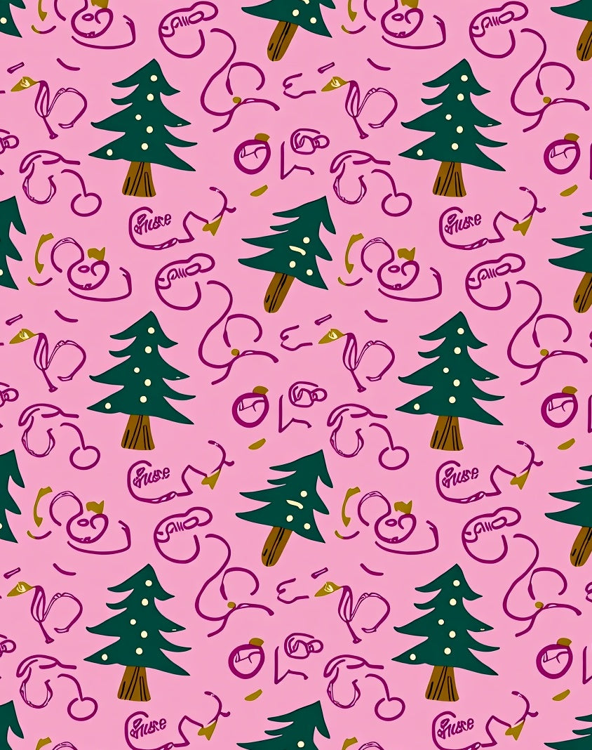 Whimsical Pink Christmas Tree Doodle Rug