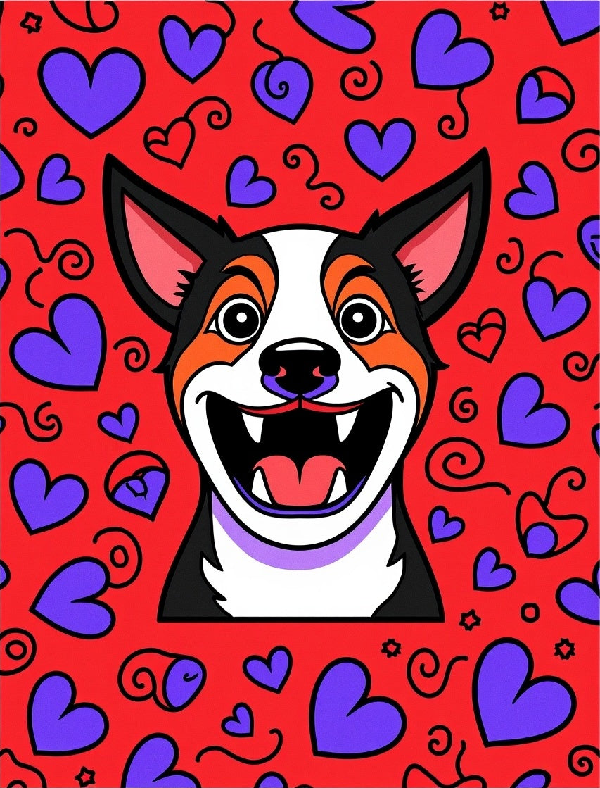 Happy Corgi Red Purple Hearts Rug
