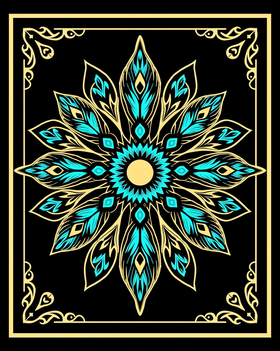 Golden Teal Floral Mandala Art Rug