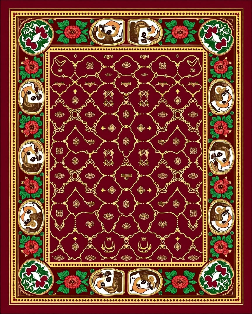 Crimson Floral Dog Portrait Medallion Rug