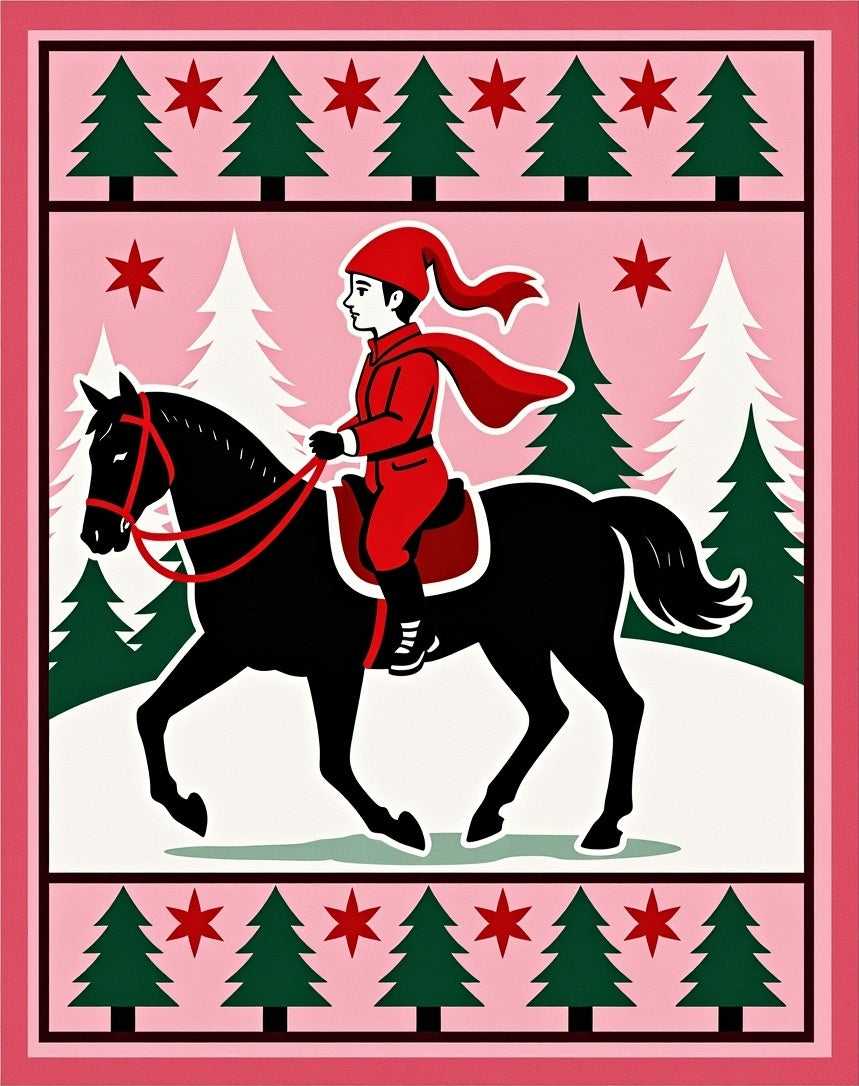Red Rider Black Horse Winter Scene Rug