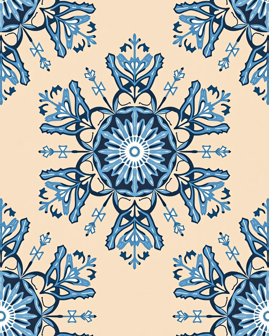 Navy Blue Floral Medallion Cream Rug