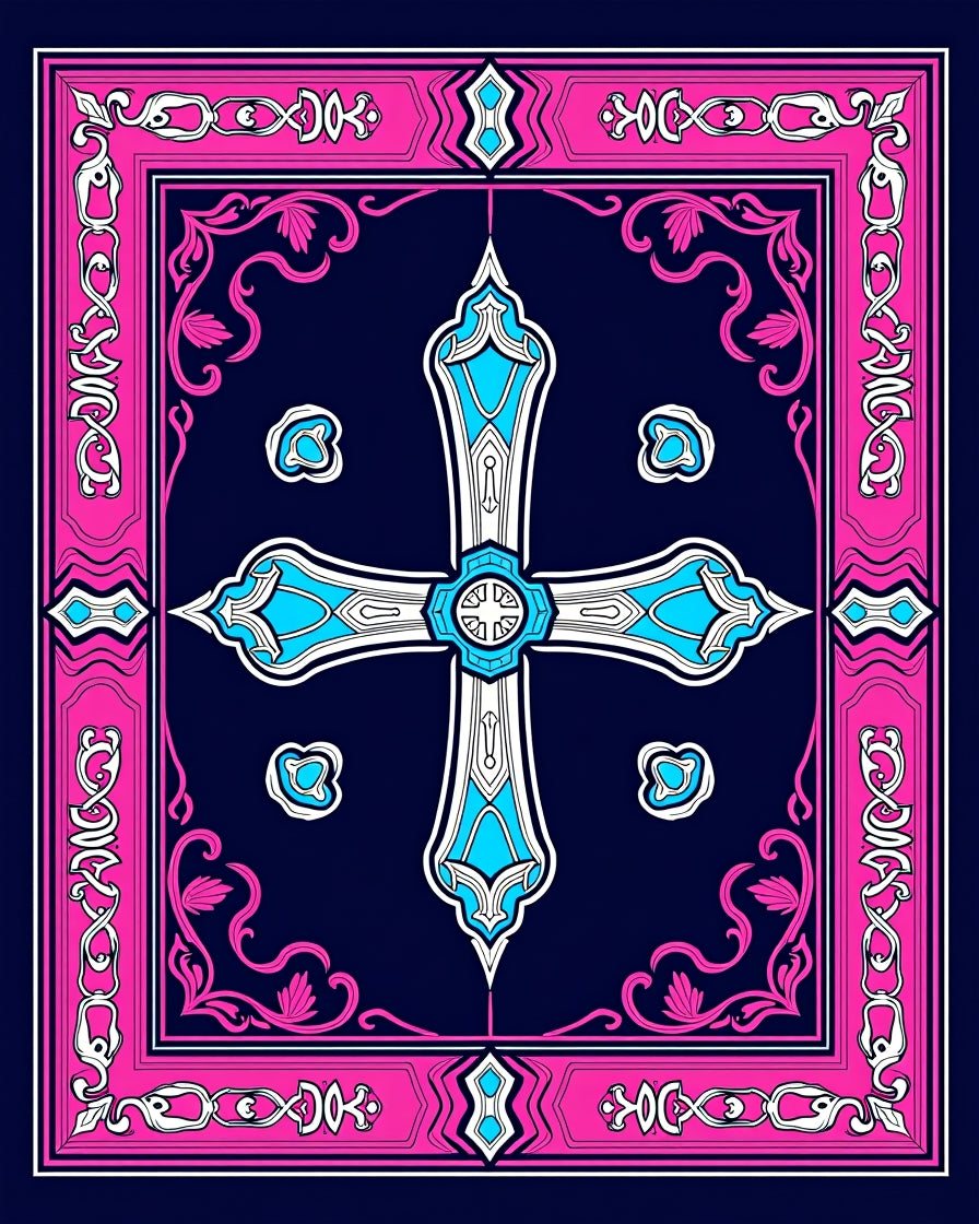 Ornate Blue White Pink Cross Rug