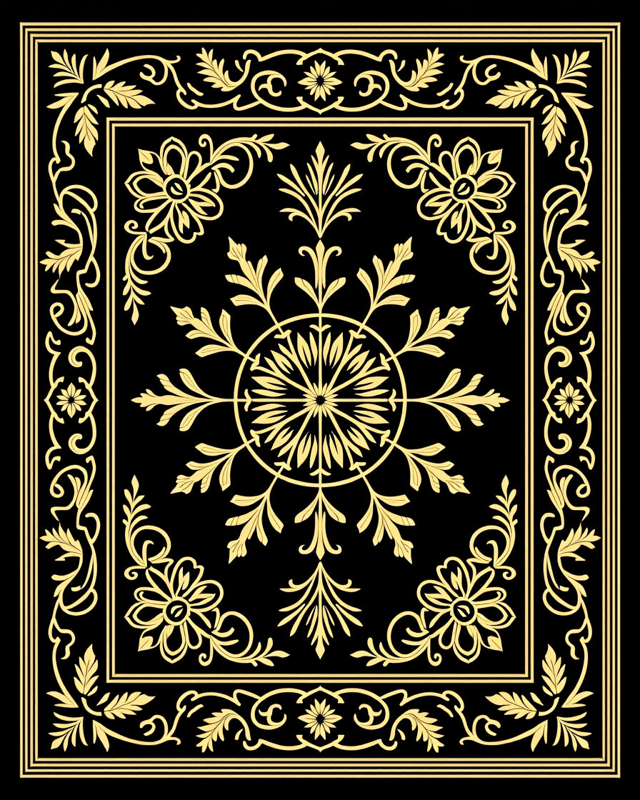 Ornate Black Gold Floral Medallion Border Rug