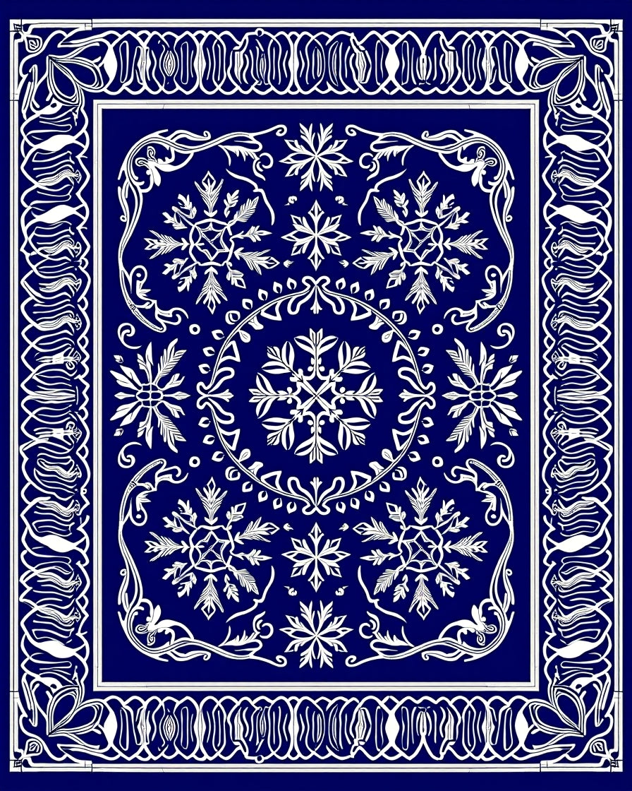 Deep Blue Floral Snowflake Medallion Rug