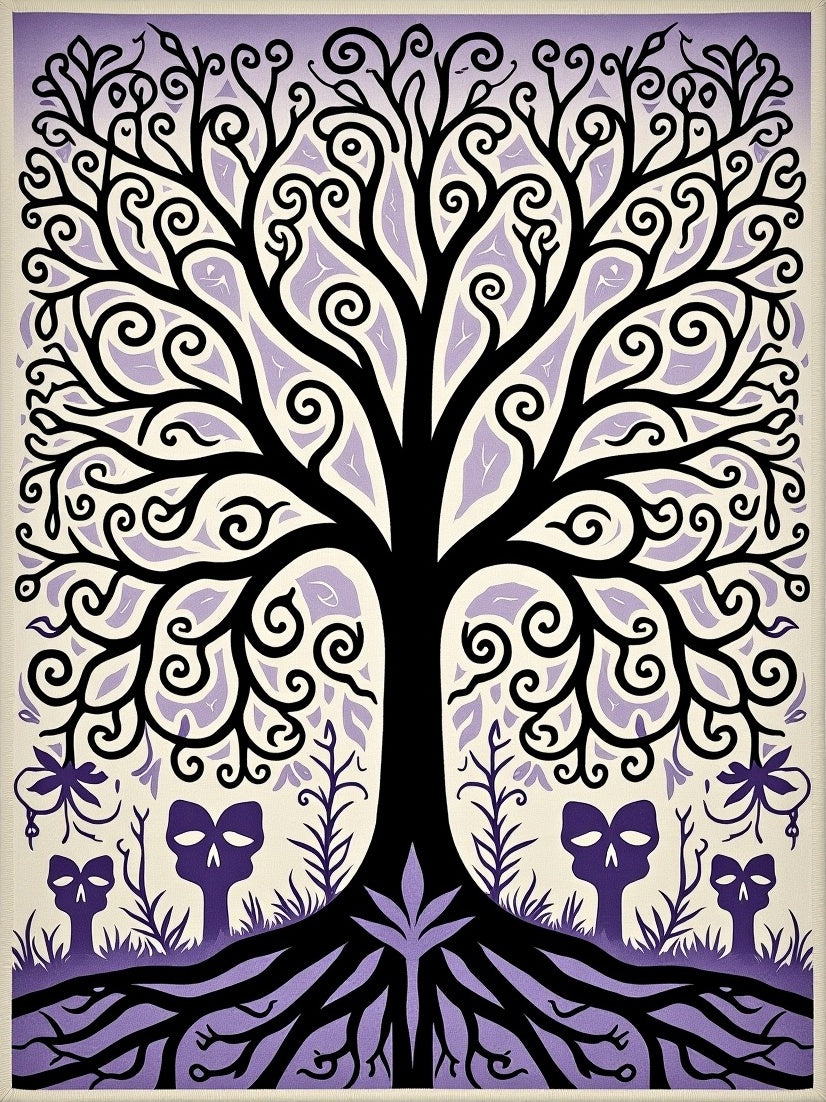 Whimsical Purple Skull Tree Roots Rug