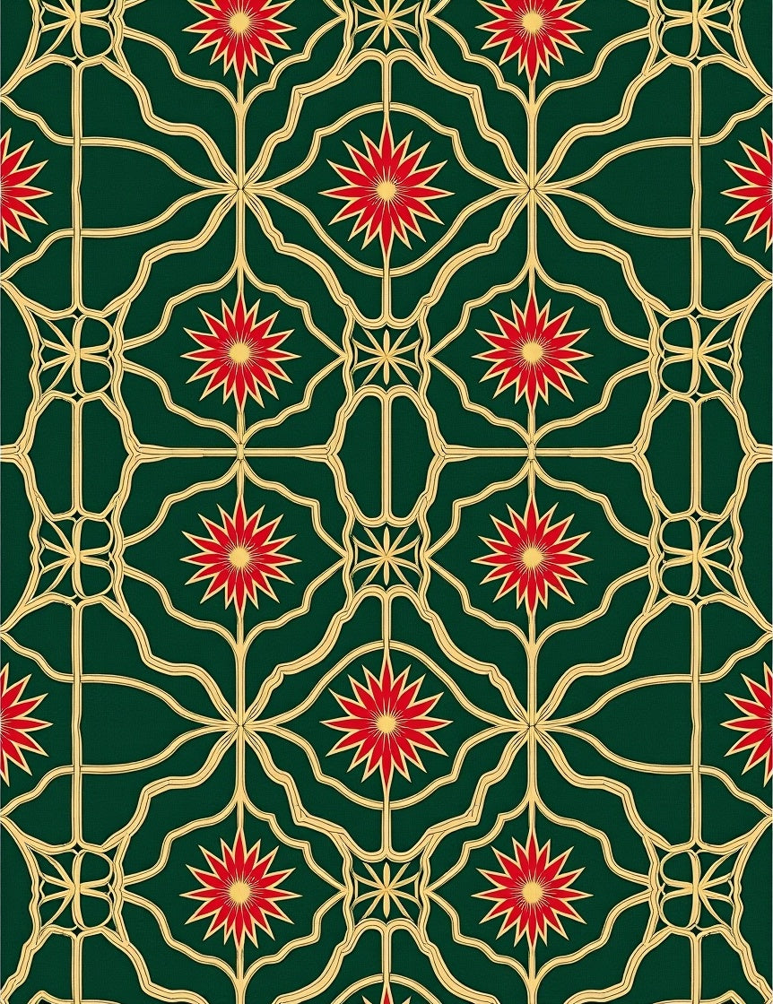 Emerald Green Red Starburst Lattice Rug