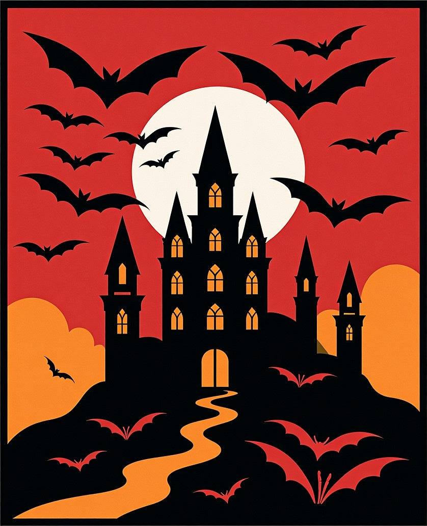 Spooky Black Castle Bats Moonlit Night Rug