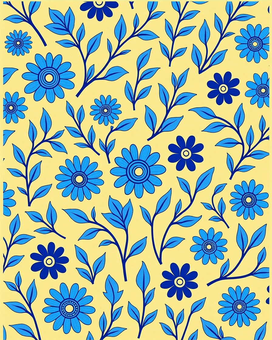 Blue Floral Branches on Yellow Background Rug