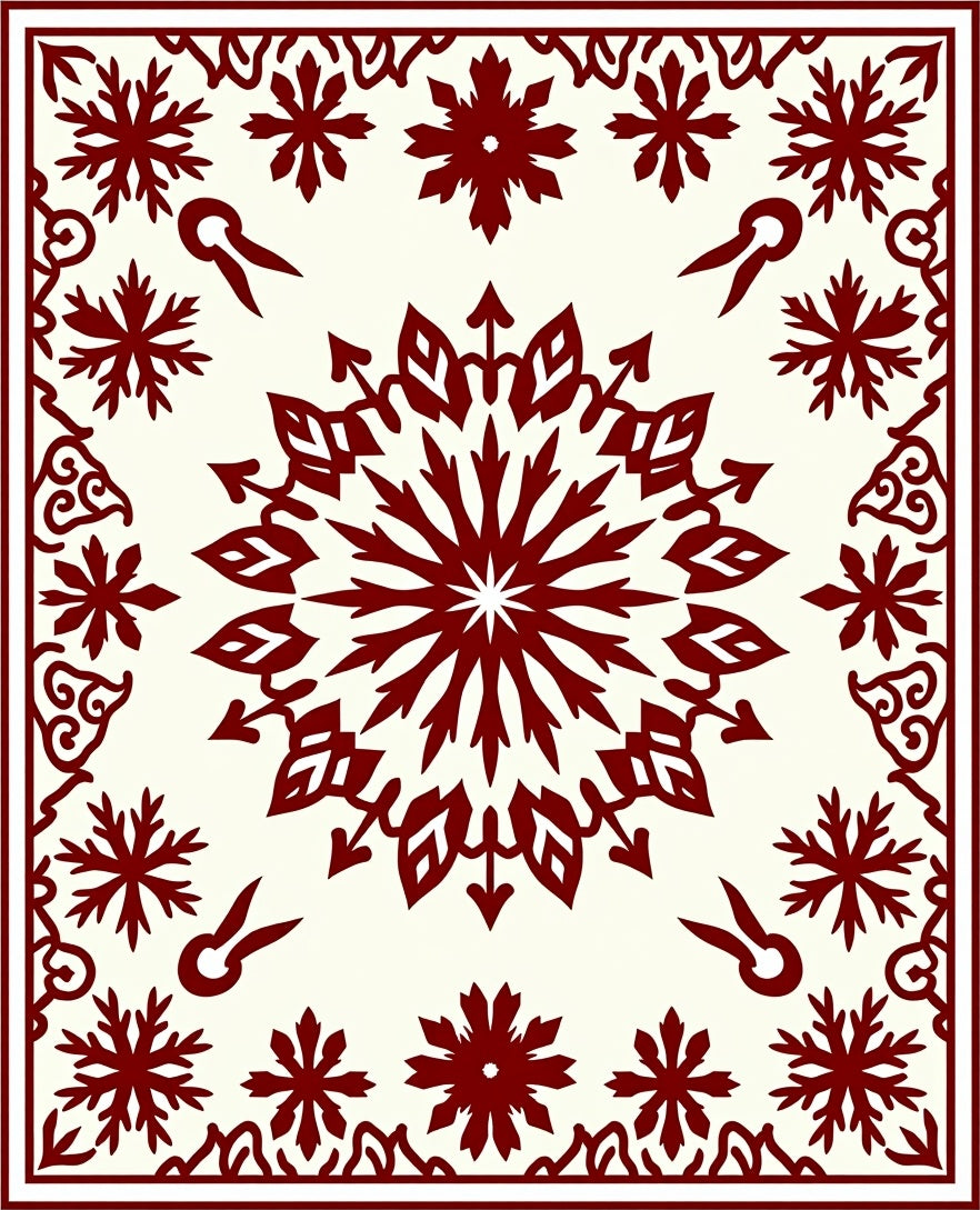 Deep Red Snowflake Medallion Frame Rug