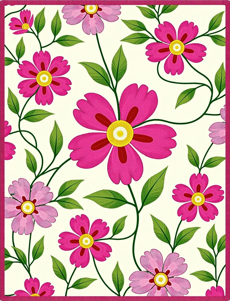 Vibrant Pink Floral Vine Cream Rug