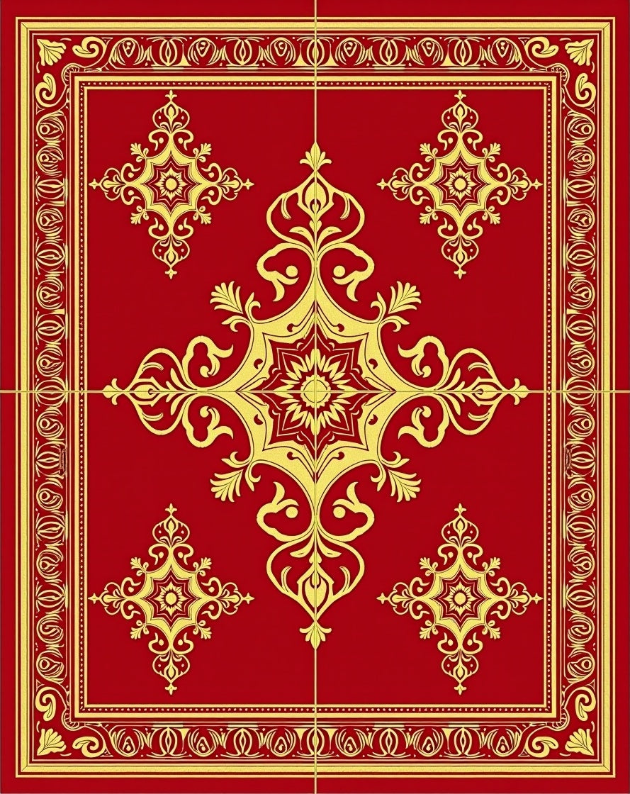 Ornate Gold Floral Medallion Red Rug