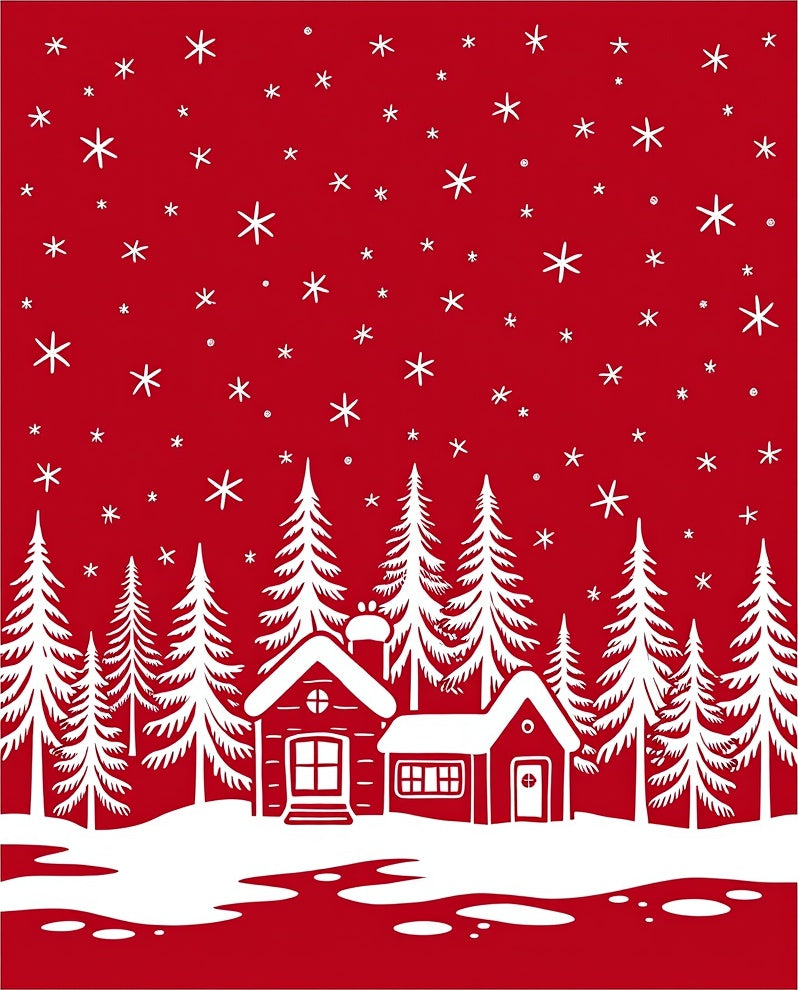 Red Snowy Village Forest Scene Rug