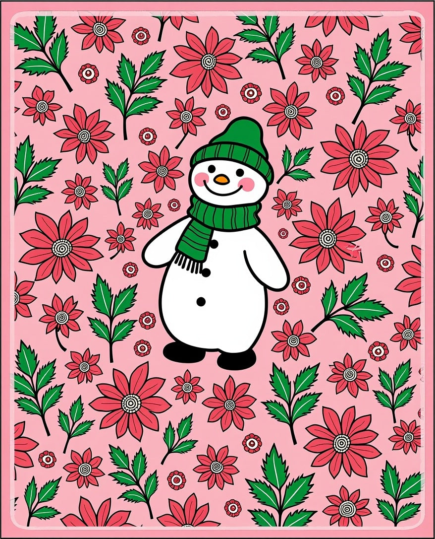 Charming Snowman Pink Floral Garland Rug