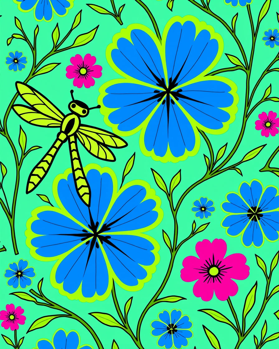 Bright Blue Floral Dragonfly Garden Rug