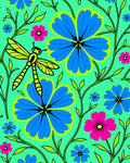 Bright Blue Floral Dragonfly Garden Rug