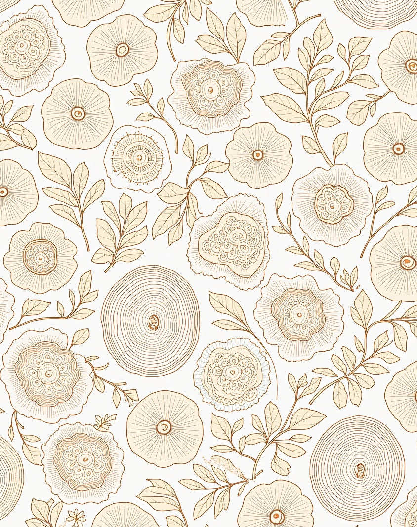 Cream and Tan Botanical Tree Ring Rug