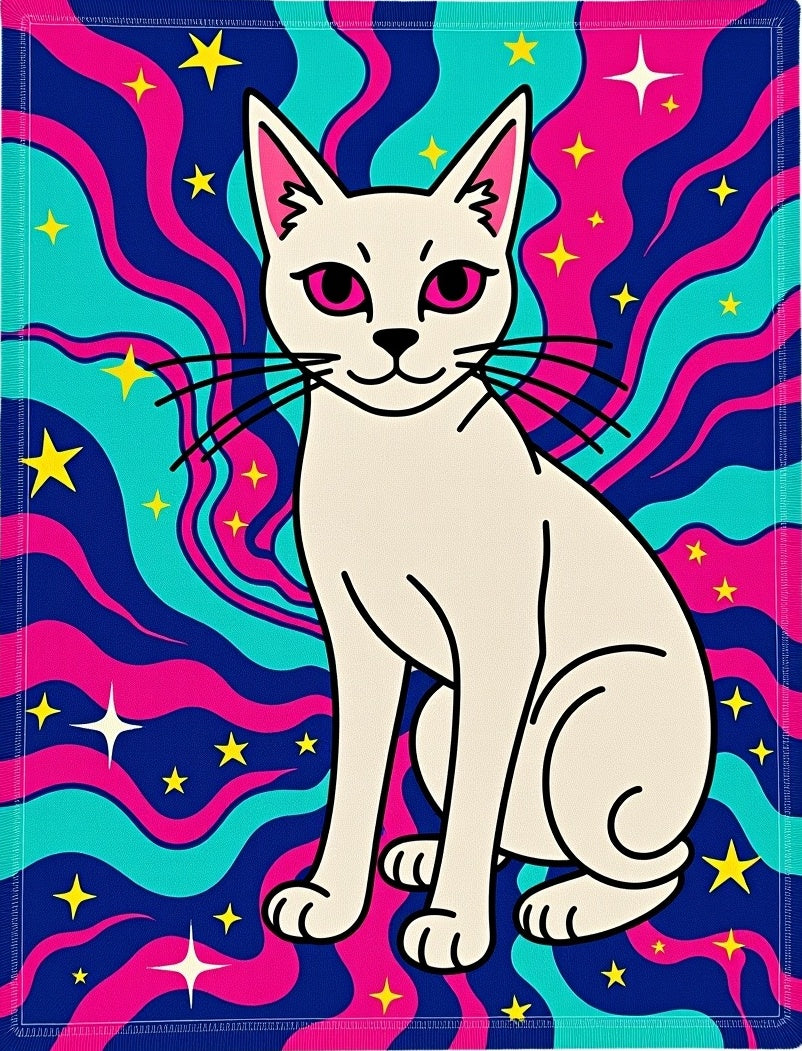 Psychedelic White Cat Starry Night Rug