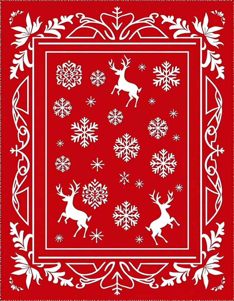 Red White Reindeer Snowflake Border Rug