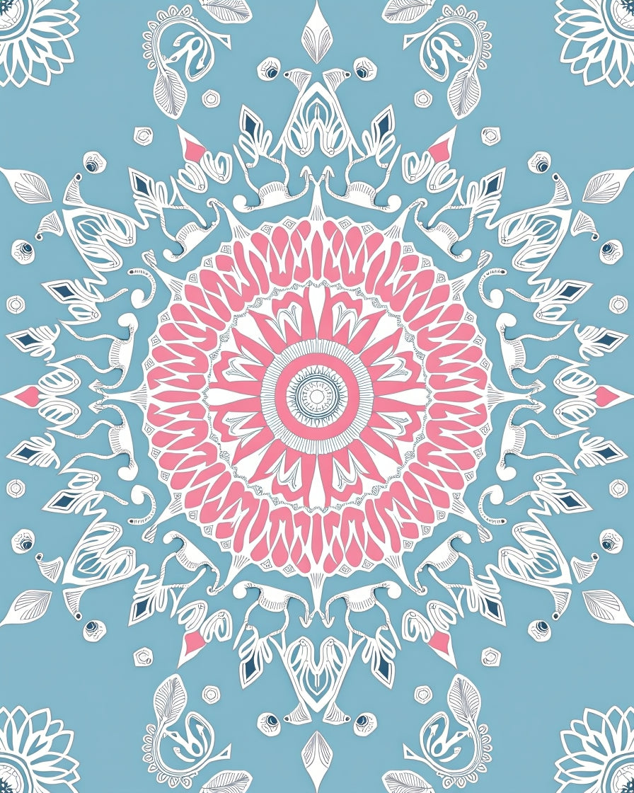 Pink White Blue Mandala Circle Rug