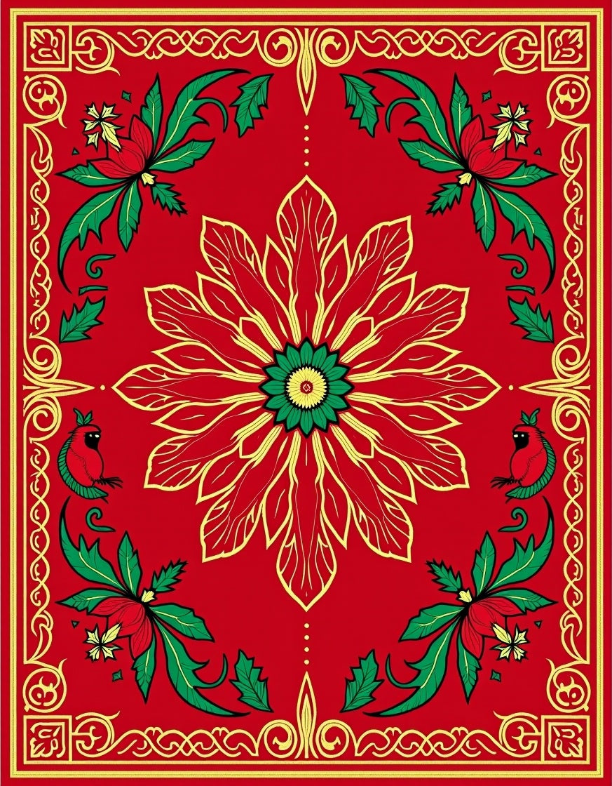 Festive Red Floral Cardinal Border Rug