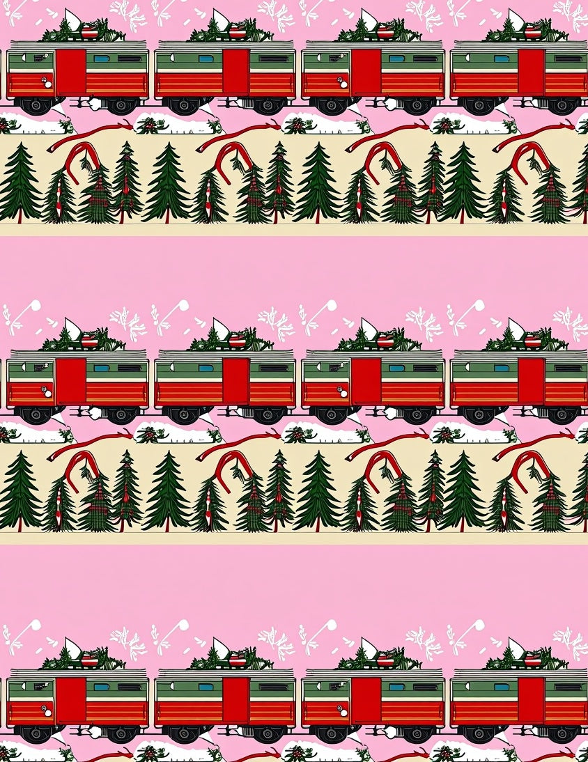 Vintage Train Christmas Tree Ribbon Pink Rug