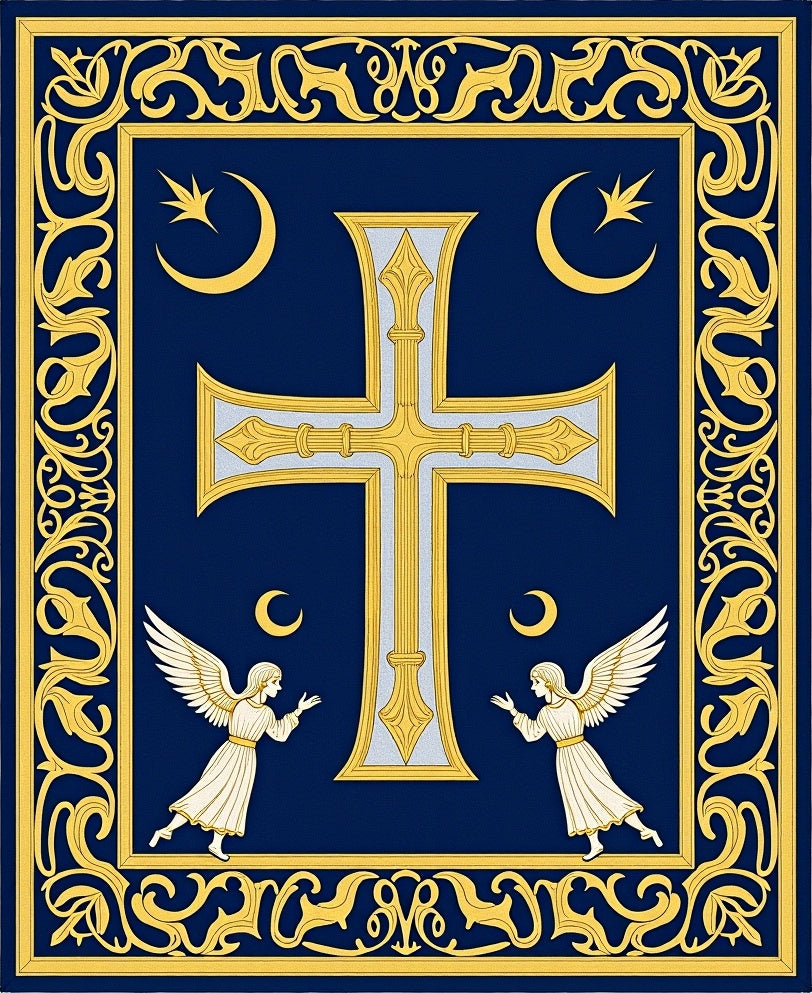 Ornate Blue Golden Cross Angelic Scene Rug