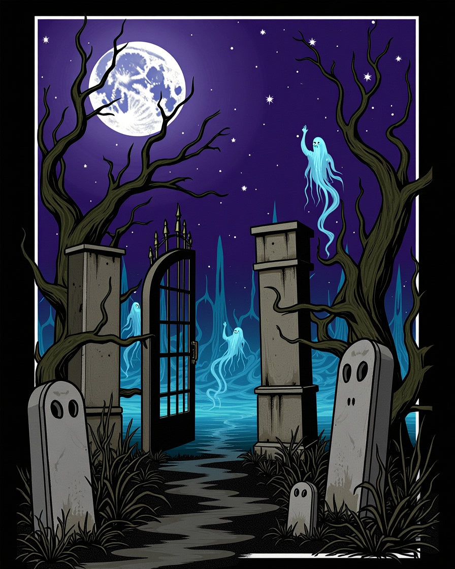 Haunted Midnight Blue Ghost Cemetery Moonlit Rug