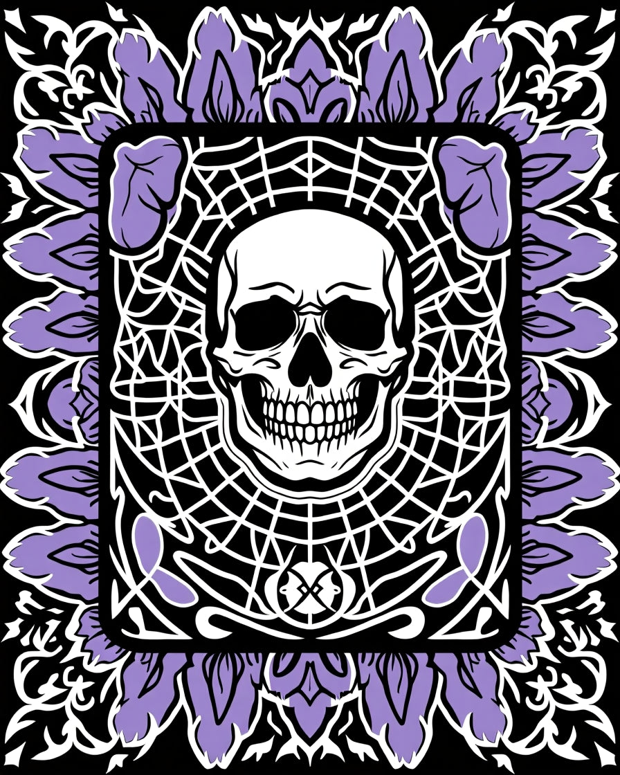 Black White Purple Skull Floral Frame Rug