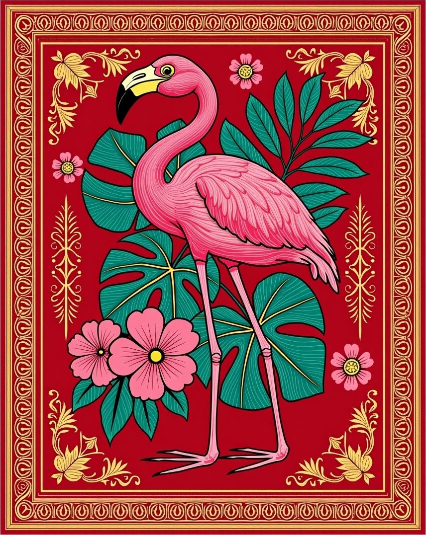 Pink Flamingo Tropical Floral Border Rug