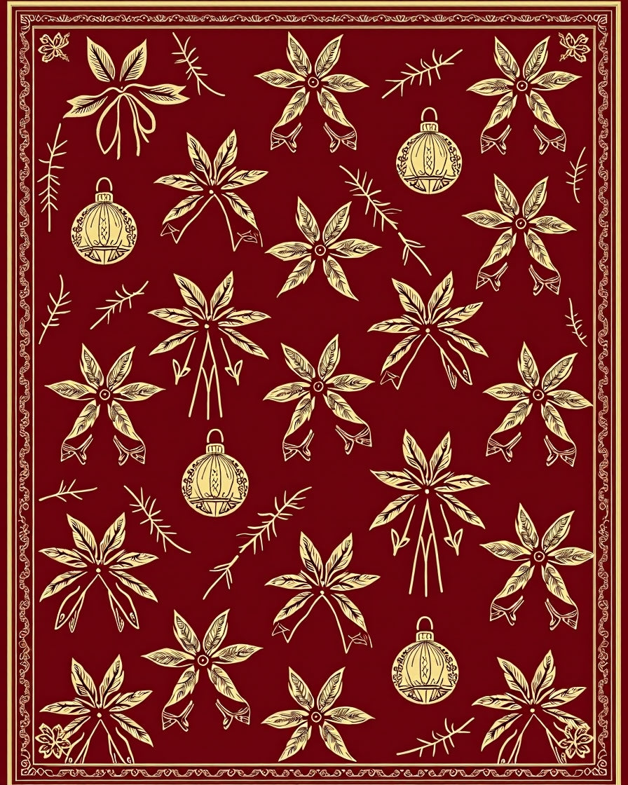 Crimson Poinsettia and Ornament Medallion Rug