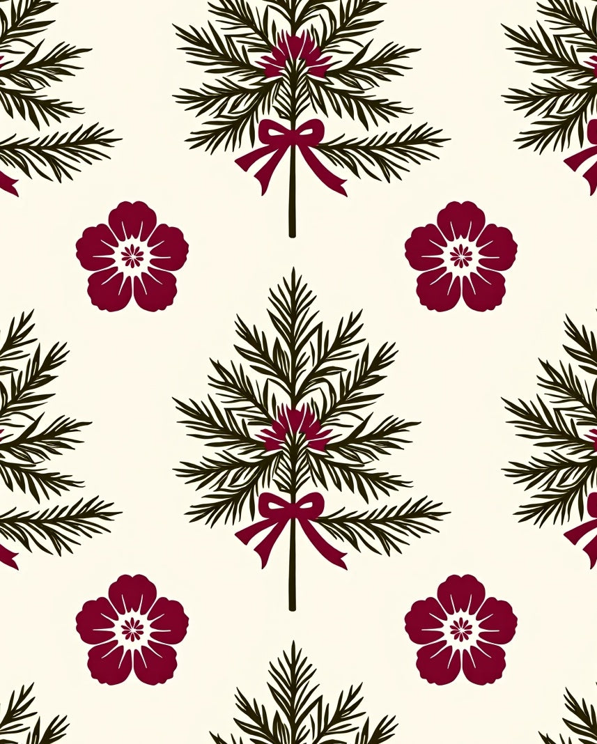 Crimson Floral Pine Bough Arrangement Rug
