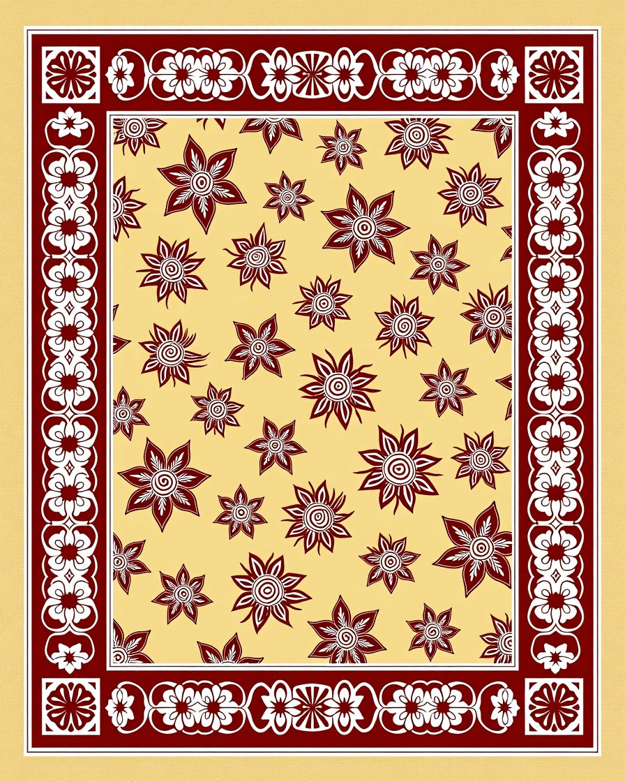 Deep Red Floral Medallion Cream Rug