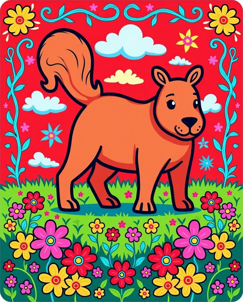 Whimsical Orange Squirrel Meadow Blooms Rug