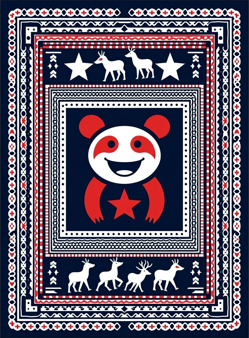 Navy Red White Whimsical Panda Deer Star Rug