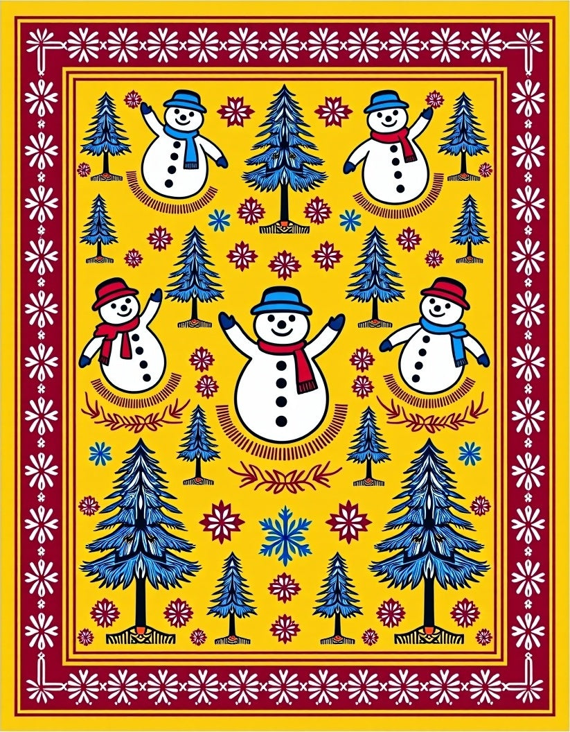 Cheery Snowmen Blue Pine Trees Yellow Rug