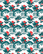 Teal Red Berry Branch Repeating Pattern Rug
