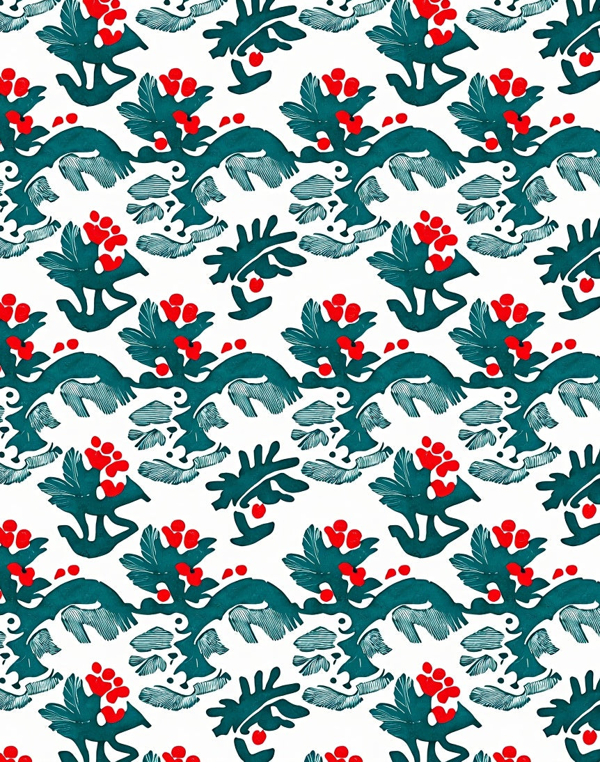 Teal Red Berry Branch Repeating Pattern Rug