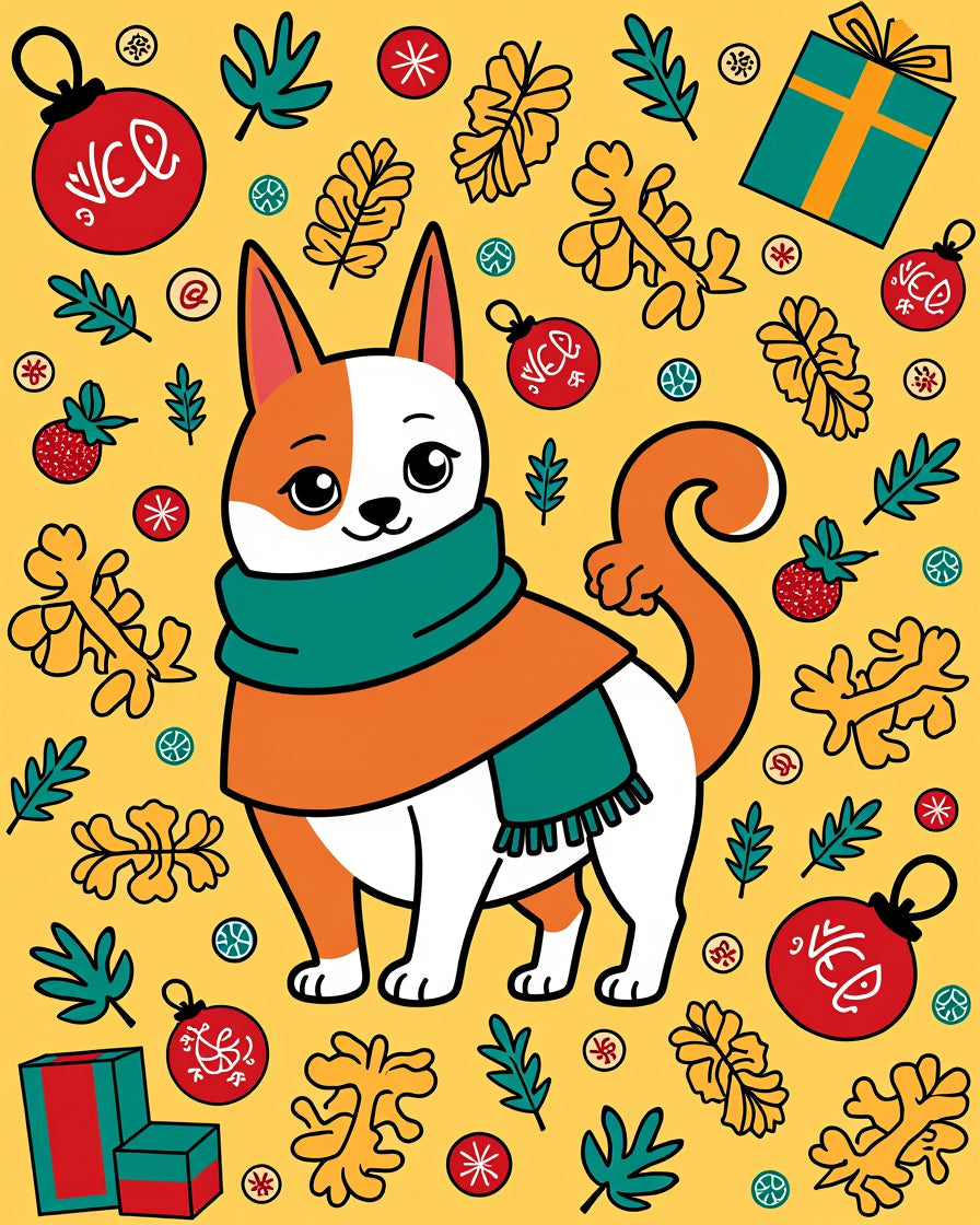 Whimsical dog with autumn leaves and ornaments Rug